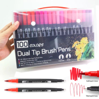 100 Colors Dual/Double Tip Brush Pen Fine Liner Hook Line Felt-Tip Pen Washable Drawing Watercolor Marker Pens School Supplies