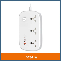 (Hot)3-Socket Power Strip Soket Lanjutan SC3416 3250W with GaN Charger 65W, 4 USB Ports, Multi Plug 