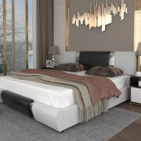 queen size bed frame, With faux leather upholstered headboard and wood slat support, Heavy duty mattress base，White &amp; Black