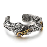 S925 Sterling Silver Big Dragon Bangle For Man Male Real Sliver Traditional Style Vintage Mythical Beast Bracelet Jewelry