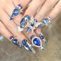 3D Crystal Butterfly Press On Nails Handmade Artificial Nails Art Gem Stone Nail Blue Bling Jewelry 