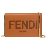 FENDI 烙印LOGO小牛皮翻蓋WOC/斜背包/鍊帶包(咖)