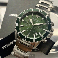【EMPORIO ARMANI】ARMANI手錶型號AR00021(墨綠色錶面銀錶殼銀色精鋼錶帶款)