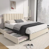 Queen Size Upholstered Bed Frame with 4 Drawers and Adjustable Headboard, Velvet Platform Storage Bedframe Mattress