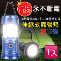 新錸家居 第三代升級18650可拆換鋰電池充電LED太陽能COB伸縮露營燈手電筒(USB或Type-C戶外攜帶可掛提)