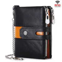 New Men's Leather Wallet Retro Simple Zero Wallet Double Zipper Short RFID Wallet Men's Bag CU77