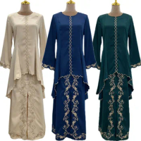 Muslim Suits Two Pieces Set Luxury Embroidery Tops Skirts For Women Malaysia Baju Kurung Ramadan Eid Mubatak Islamic Outfits
