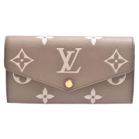 LV Louis Vuitton路易威登 M81049 SARAH經典Empreinte壓花牛皮釦式長夾(灰/奶油色)