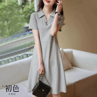 【初色】翻領V字修身短袖連身連衣裙洋裝-淺灰色-66864(M-2XL可選)