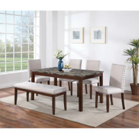 Dining Room Furniture Modern 6pcs Set Dining Table 4x Side Chairs and A Bench Faux Marble Top
