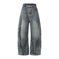 Seluar Jeans Bilah Melengkung Berikat, Gaya Amerika Jalan Tinggi, Tampalan Vintaj Dibasuh, Uniseks, 