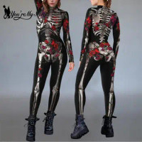 [You're My Secret] Rose skeleton print Women Jumpsuit Funny Cosplay Costume Disguise Outfit Carnival Long Sleeve Zentai Bodysuit