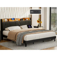 Bed Frame No Box Spring Needed Queen Metal Solid Wood Slats Upholstered Platform Bed With LED Lights Beds King Size Bed Frame