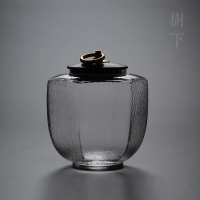 日式玻璃茶葉罐木蓋茶倉糖果家用儲物密封罐茶葉儲存罐普洱茶罐1入
