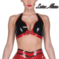 100% Natural Latex Sexy Hot Neck Halter Bra Top Black and Red with Bow Gummi Rubber Body Wear Clubwear Sexy Women XS to XXXL