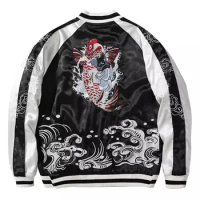 New Men Boys Black Lucky Koi Waves Embroidered Reversible double-sided Sukajan Souvenir Jacket 2024