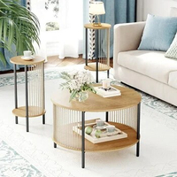 Coffee Table Set of 3, Natural Fiber Rope Round Wooden Rattan Coffee Tables and Two End 2 Tier Side Tables, Café Tables