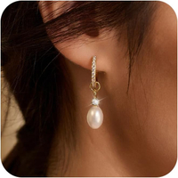 Gold Pearl Earrings for Women - 14K Gold Plated/Silver Dangle Hypoallergenic Lightweight Drop Earrin