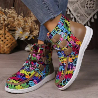 Women Print Platform Flats Ankle Boots Femme Casual Lace Up Chelsea Boots New Winter Design Fashion Walking Shoes Zapatos Mujer
