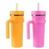 ThermoFlask 不鏽鋼吸管隨行杯附提把 950毫升 X 2件組 橘 + 粉