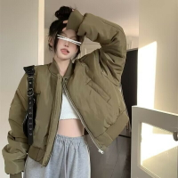 FUXI 短版夾克外套女 棒球服外套 棉服外套 鋪棉加厚保暖外套 寬鬆立領棉衣外套 飛行服外套