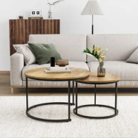 Nesting Coffee Table Set of 2, 27.6" Round Coffee Table Wood Grain Top with Adjustable Non-Slip Feet, Industrial End Table Side