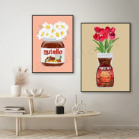 Coffee, peanut butter jar kitchen poster, boho watercolor daub jar with daisies, tulips spring print, unusual art, kitchen decor
