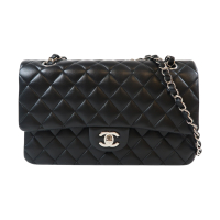 【二手名牌BRAND OFF】CHANEL 香奈兒 黑色 羊皮 菱格紋 Classic Double Flap 25 肩背包 鍊帶 銀扣 A01112