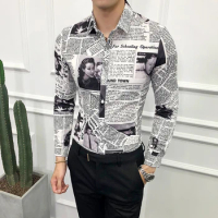 2020 new fashion designer pattern shirt newspaper shirt social men's fashion long-sleeved shirt men's party club slim shirt 5XL