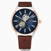 【Tommy Hilfiger】湯米希爾費格男女通用錶型號TH00025(寶藍色錶面玫瑰金錶殼咖啡色真皮皮革錶帶款)