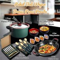 002 Paket Lengkap Wajan Enamel 34cm Panci Presto Anti Lengket 12 Pcs Sendok Marble Suan 4 Pcs Piring