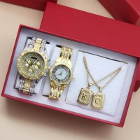 4Pcs Hip Hop Couple Watch Set For Luxury Men Women Stylsih Ice Out Diamond Watches With Necklaces For Lover's Valentine's Day