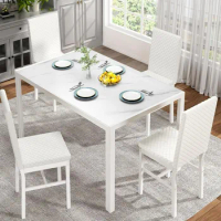 Dining Table Set for 4, Modern White Marble 5 Piece Dining Room Table &amp; Chairs Set, PU Leather Table Set for Dining Room