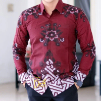 Batik Pria Motif BIMANTARA Merah maroon Baju Batik Pria Slimfit Lengan Panjang Hem Batik Lengan Pend