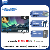 【Philips 飛利浦】43吋 4K Android 智慧聯網液晶顯示器(43HFL5214U)