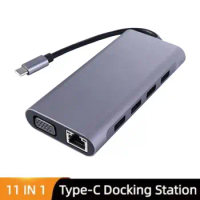 USB To HDMI Type-c Docking Station VGA+PD Rj45 Silver Grey 11 in 1 Expander Hub 11 in 1 USB Hub DP Alt Mode