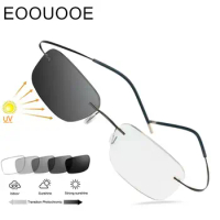 B titanium Frameless Reading Sunglasses Photochromic Reading Glasses for Men Women Outdoor Presbyopia Glasses