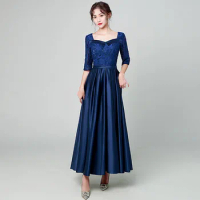 Blue Satin Mother Evening Formal Dress Half Sleeves Long Mother Of The Bride Gown For Wedding