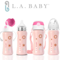 【美國L.A. Baby】316不鏽鋼保溫奶瓶學習套組9oz/270ml (瑰蜜粉)
