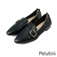 【Pelutini】真皮尖頭金屬釦飾便是樂福鞋 黑色(PE21245W-BL)