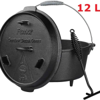 12.5L Cast Iron Dutch Oven Pot Outdoor Camping Pot Barbecue Hanging Soup Stew Pot for Outdoor&amp;Indoor Cooking Cast Iron Cookware