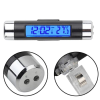 2 in 1 Car Auto Thermometer Clock Calendar LCD Digital Display Screen Clip-on Digital Blue Back Light Automotive Accessories