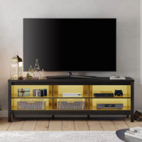 WAMPAT LED TV Stand for 75 inch TV with Yellow LED Light, Black Entertainment Center for 80 Inch TV Console Table