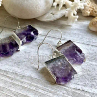 ER42092 Amethyst Slice Geode Earrings Birthstone Jewelry Gift Purple Crystal Amethyst Earrings Silver Plated Boho Earrings