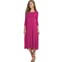 2022 Solid 3/4 Sleeve Women's Dress Casual Spring Pleated Maxi Dresses Elegant Simple Pocket Femlae Dress Vestidos