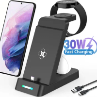 30W 3 in 1 Wireless Charger Stand Type C Fast Charging Dock Station For iPhone 15 Samsung S22 S21 Samsung Watch 6 5 4 Earbuds