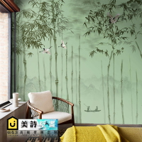 新中式風格竹林意境墻布餐廳綠色竹子壁紙茶室裝飾養生館背景墻紙