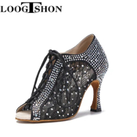 Loogtshon salsa dance shoes woman Latin woman dance shoes shoes for women Long Boots Hollow Diamond Shoes Black Dance Heel High