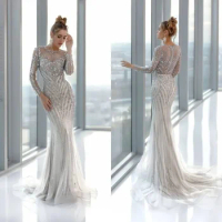 New Long Sleeve Luxury Evening Dresses Beaded Mermaid Beach Evening Gowns Sweep Train Formal Gowns Custom Made
