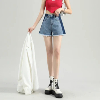 Summer New High Waist Retro Denim Shorts Women's Design Stitching Contrast Color Loose All-match Slim-fit Flash A- shaped Pants